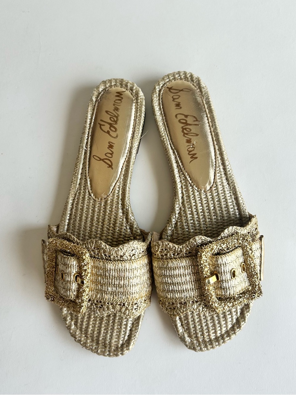 Sam Edelman Gold Textile Weaving Buckle Flip Flops Sandals size 11
